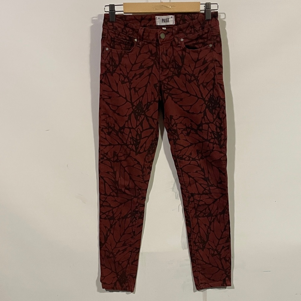 PAIGE Maroon Leaf-Print Skinny Pants